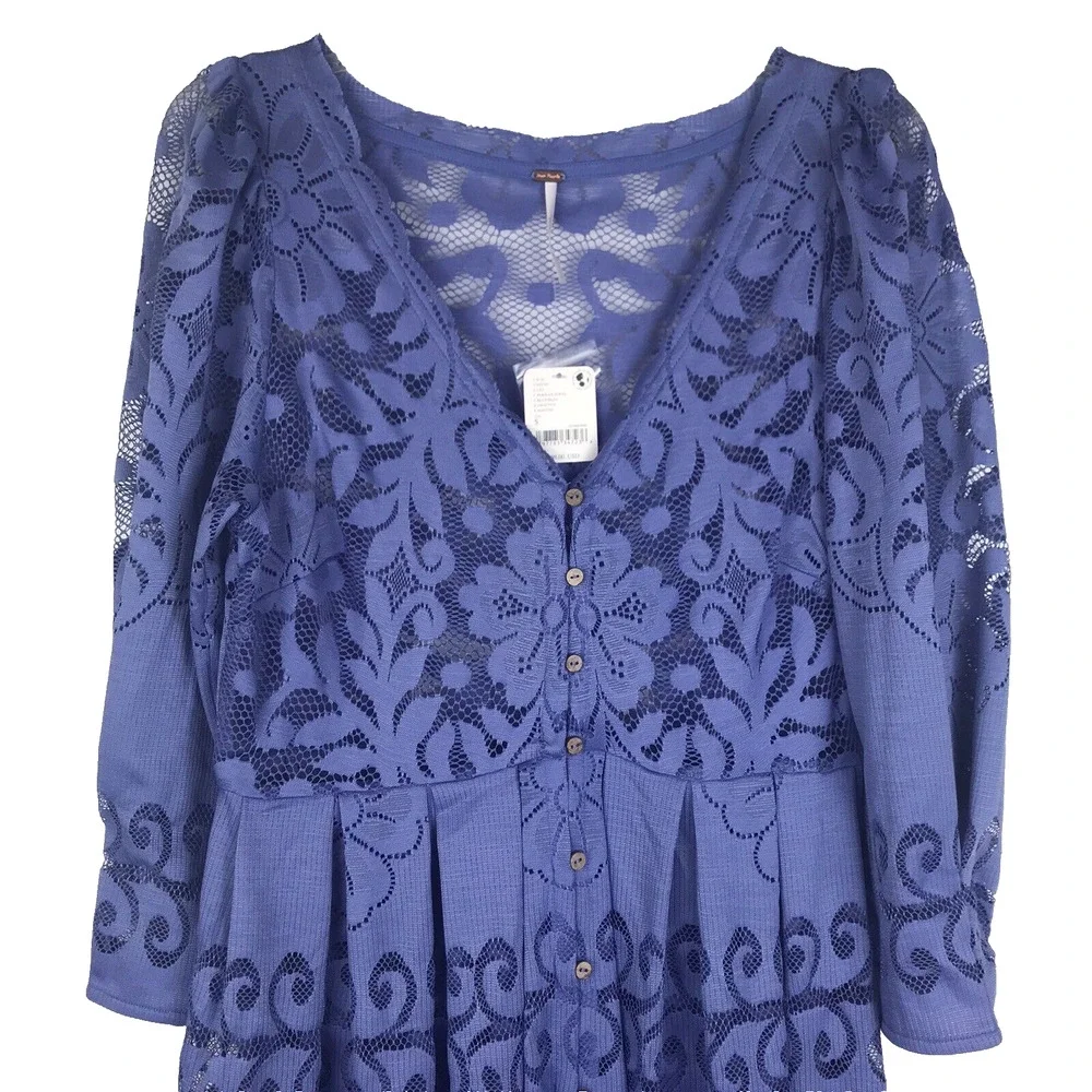 NWT Free People Persian Jewel Blue Lace Midi Dress Button 3/4 Sleeve Small FLAW